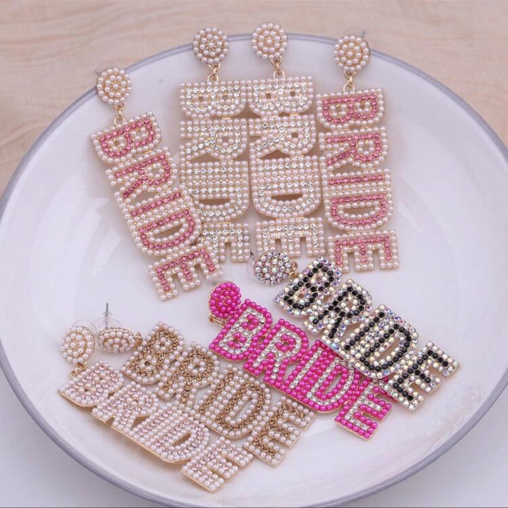 BRIDE statement earrings • bachelorette party wedding engagement jewelry pink